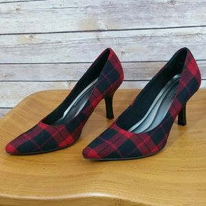 Red and black flannel heels